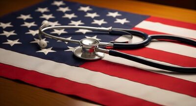 american flag with a doctors stethoscope on top of it